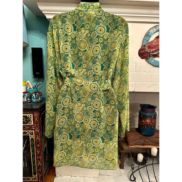 VINTAGE 90'S MYSTIQUE INTIMATES LIME GREEN MENSWEAR 60's PRINT WRAP ROBE W/ BELT - Picture 2 of 5